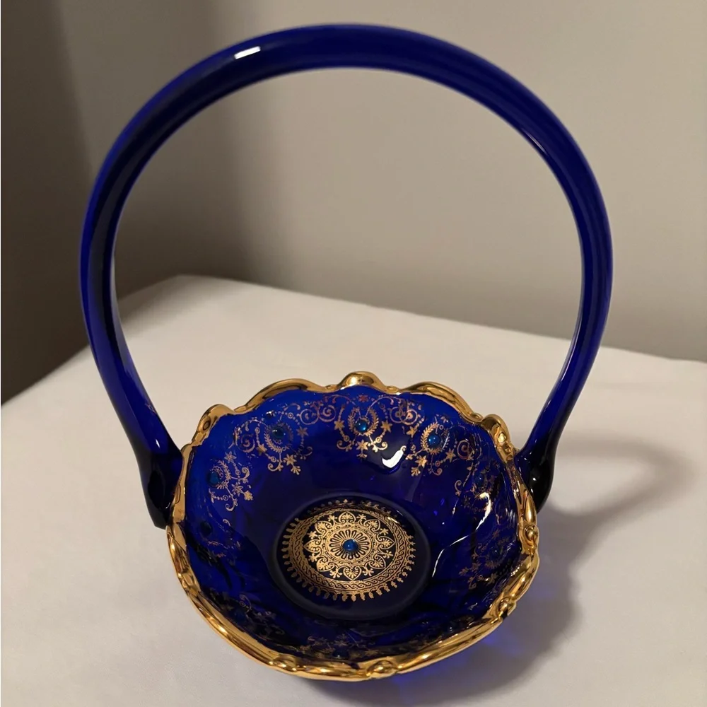 Gorgeous 1960’s Cobalt Blue Glass Basket w/Gold Gilded Decor&Cobalt Blue Beading